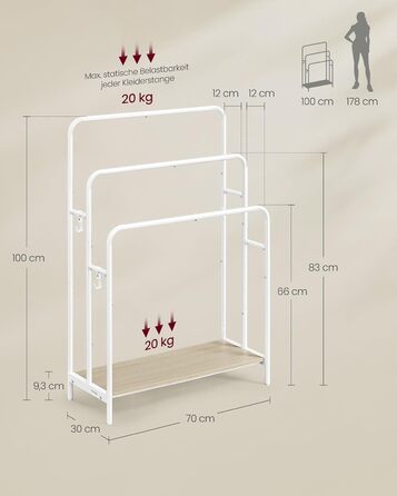 Підставка для рушників VASAGLE, стояча, з 3-ма перекладинами, 70 x 30 x 100 см, 2 гачки, полиця, для рушників, халатів, чорний, LLS019B01
