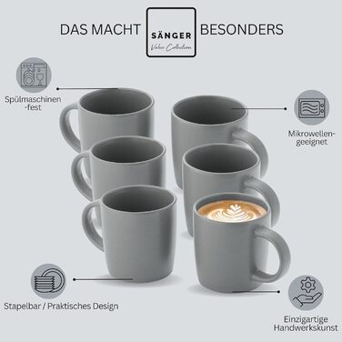 Набір кавових чашок SÄNGER Leeds Shadow 6 шт, кераміка, 380 мл, темно-сірі, для кави та чаю, мікрохвильова піч та посудомийна машина