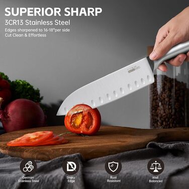 Набір кухонних ножів HUIKAILI 5 шт. з нержавіючої сталі, професійний, з антиковзним руків'ям, включає: Сантоку, кухонний ніж, ніж для хліба, універсальний ніж, ніж для овочів