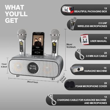 Караоке машина DLARA з Bluetooth, 2 UHF мікрофони та підтримка USB/TF карт, портативна для дорослих та дітей, PA-система, блакитна (сірий про)