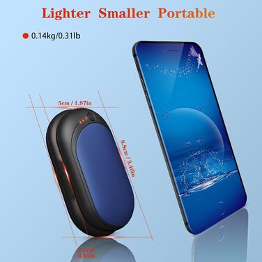 Електричний грієчка для рук, перезаряджуваний набір 2 шт. з акумулятором 6000mAh, USB-кабель, 3 режими нагріву, 20 годин тепла, перезаряджувана кишенькова пічка для активного відпочинку взимку (чорний, синій)