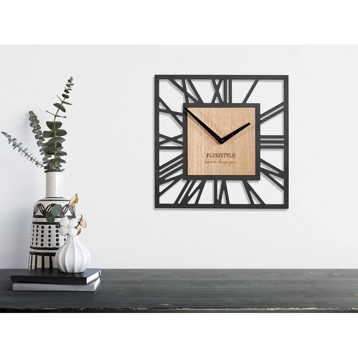 FLEXISTYLE Wall Clock No Ticking Sound Modern LOFT Piccolo Square 30cm Living Room Bathroom, z219n (Black Oak)