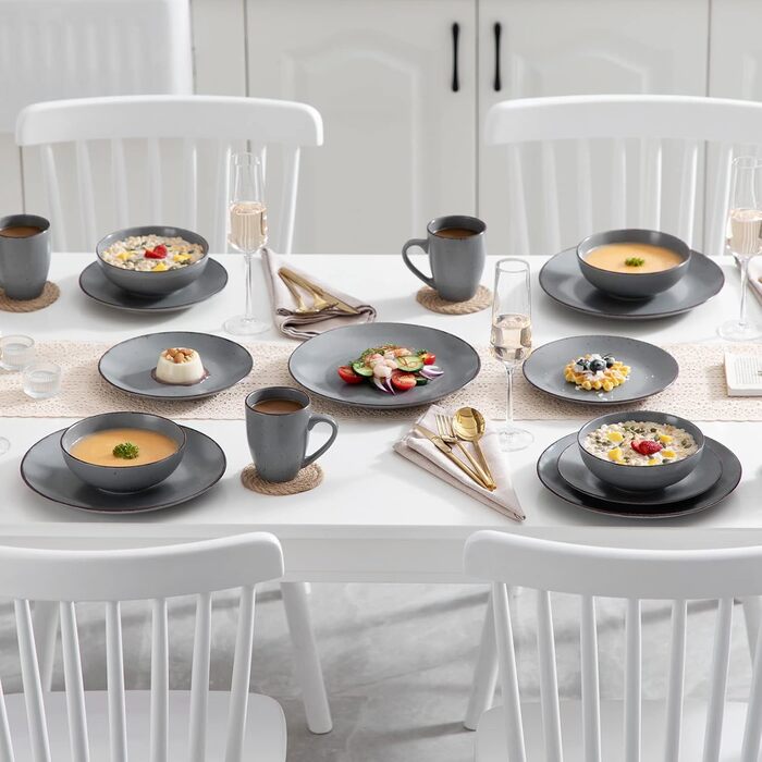 Tableware Stoneware, vancasso MODA Dinnerware Set, Vintage Look, 16-Piece Combination Service with 4 Dinner Plates, Dessert Plates, Bowls, and Cups Each Gray 16-Piece for 4 Gray