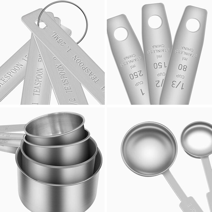 Набір мірних ложок та мірний стакан з нержавіючої сталі (8 шт.) - для рідин та сухих інгредієнтів, випічки