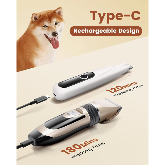 Машинка для стрижки собак 2 в 1 з тримером для лап, тиха, з LED-підсвічуванням, професійна, Type-C, для малих та великих собак і котів