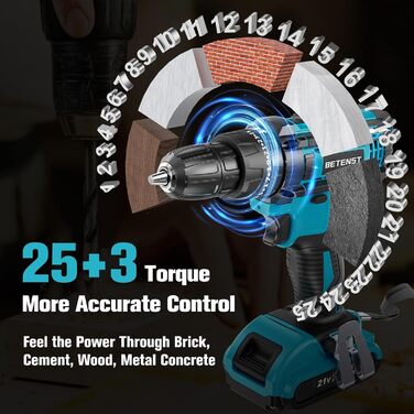Акумуляторний шуруповерт BETENST 21V з 2 акумуляторами 2.0Ah, 42Nm, 25+3 ступені крутного моменту, 2 швидкості, LED-ліхтар, 30-ти елементний набір для дому та саду, DIY проєкти, блакитний