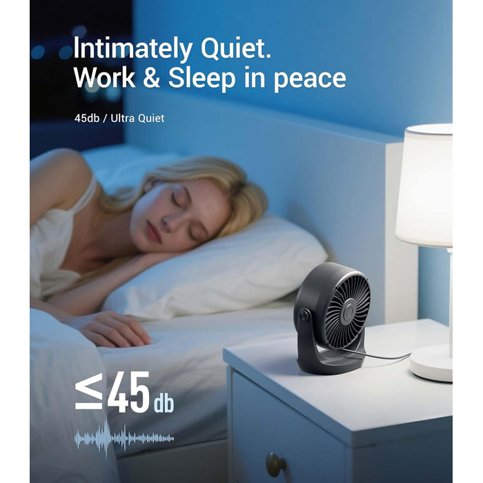 USB Turbo вентилятор для столу Diveblues TurboBreeze Klassisch: тихий, потужний, з LED-дисплеєм, 5 швидкостей, 360° обертання, портативний для дому, офісу та відпочинку – чорний