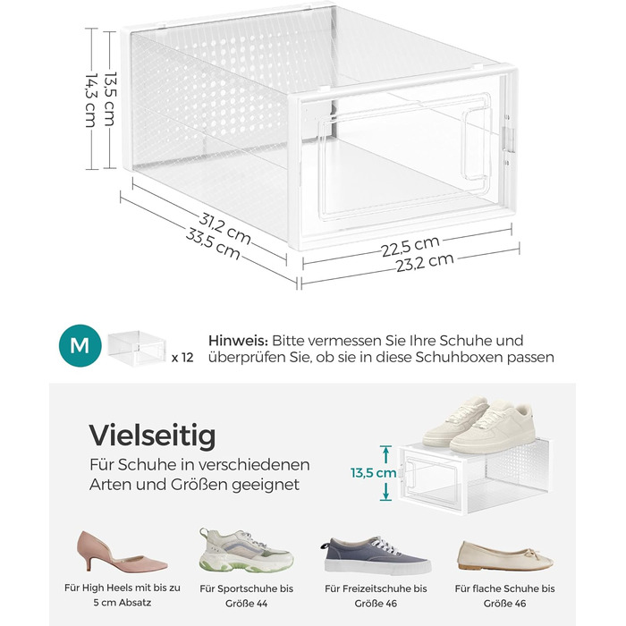 SONGMICS Shoe Boxes, 12-Piece Set, Plastic Shoe Organizer, Foldable and Stackable, for Shoes up to Size 44, Transparent-White LSP12SWT