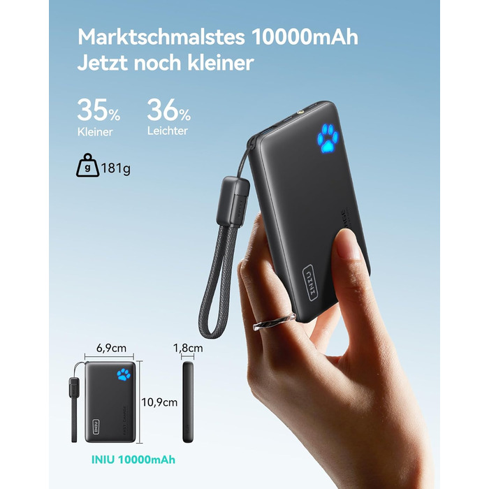 Power Bank INIU 10000mAh 45W USB-C PD3.0 з ліхтариком, бежевий - Зовнішній акумулятор для iPhone, Samsung, iPad