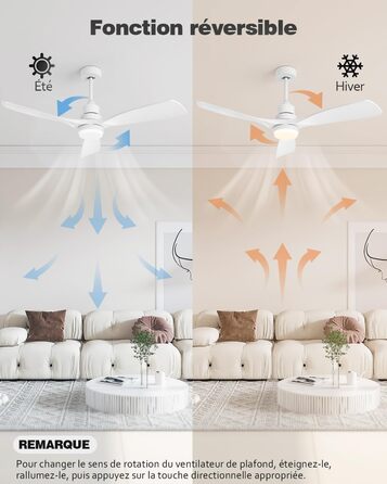 Стеляний вентилятор з підсвіткою та пультом дистанційного керування, тихий DC мотор, 132 см/52 дюйми, 3 дерев'яних лопаті, таймер, 6 швидкостей, сертифікований ETL, режим літо/зима для спальні (132см/52 дюйми, Білий)