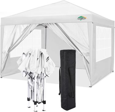 COBIZI Folding Gazebo 3x3 Waterproof Stable Pop Up Gazebo Folding 3x3 with 4 Sidewalls | Waterproof | UV Protection 50+ | Gazebo Party Tent for Garden Party Market Picnic | incl. Bag (White)