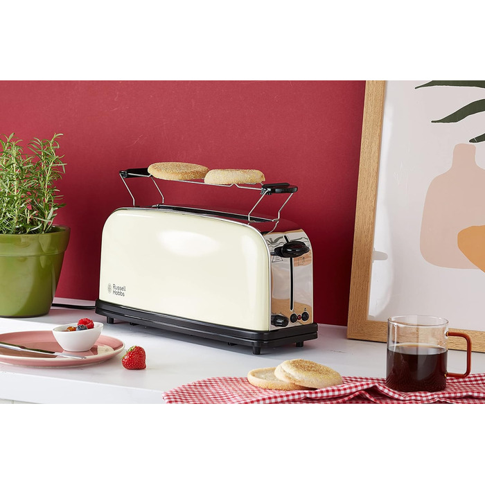 Тостер Russell Hobbs Colours+ з широким слотом, 2 скибки, нержавіюча сталь, кремовий, 1000 Вт, підставка для булочок, 6 режимів підсмажування, функція розморожування