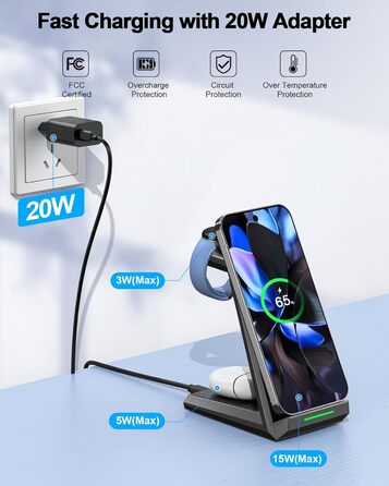 Бездротова зарядка NANAMI 3-в-1 для Google Pixel Watch 3/2, Fitbit Versa 4/3, Pixel 10 Pro/10/9/9a/8/7, Pixel Buds Pro 2 (Чорний)