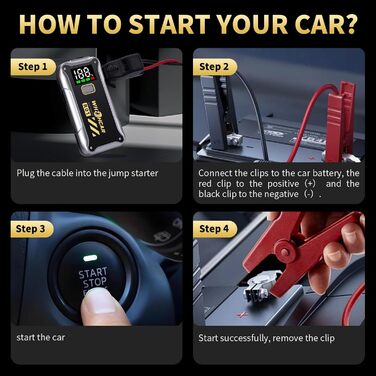 Powerbank Starthilfe 4000A: Портативний пусковий пристрій для авто 12V з LCD дисплеєм та LED ліхтариком. Запускає бензинові двигуни до 9.0L та дизельні до 7.5L. Підходить для SUV, мотоциклів, газонокосарок.
