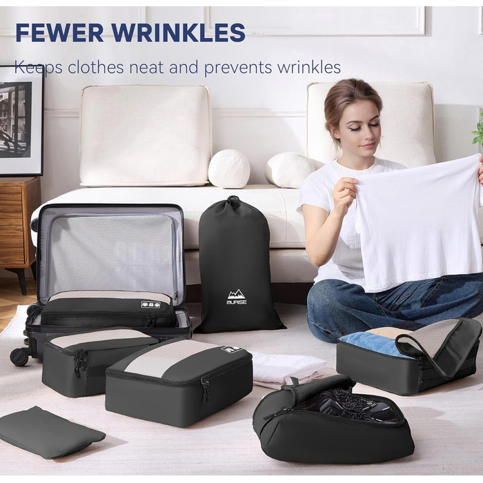 Органайзер для валізи MURISE, 8 шт. - Packing Cubes для подорожей, сумки-органайзери для валізи, з мішечком для взуття та косметички, система організації, Travel Essentials, чорний