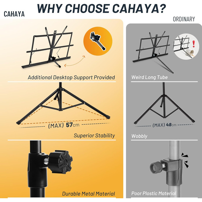 Підставка для нот Cahaya з металу, портативна, з чохлом та кліпсою для нотника, чорна