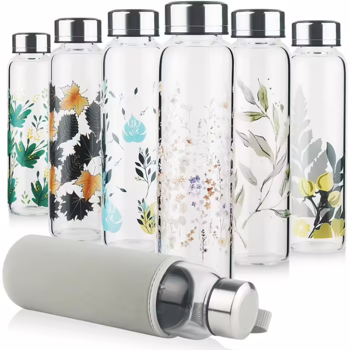 Glass Drinking Bottle, Sport Borosilicate Glass Water Bottle with Neoprene Sleeve with Leak-Proof Stainless Steel Lid 500 ml / 1000 ml / 1 Liter