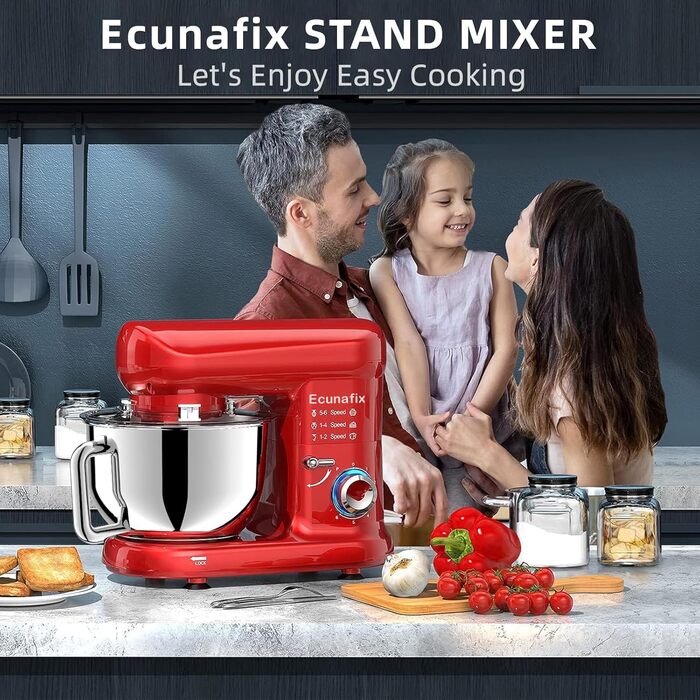 Кухонна машина для замішування тіста 2000W з чашею 6.5л з нержавіючої сталі, 6 швидкостей, з міксером, гаком для тіста, вінчиком та захистом від бризок (червона)