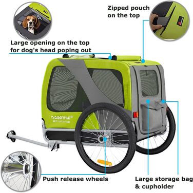 DOGGYHUT® Преміум великий велосипедний причіп для собак об'ємом 270 літрів, підходить для середніх та великих собак (Зелений)