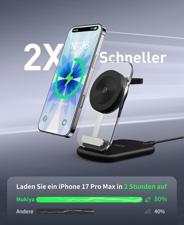 MagSafe зарядна станція 3-в-1 для iPhone 17/16/15/14/13/12 Pro Max/Air/Plus/Pro, Apple Watch 10/9, AirPods 3/2/Pro. Складний карбон, чорний
