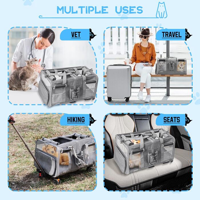 Велика переноска для тварин з двома відділеннями та колесами для кота/собаки, знімна та складана переноска для 2 котів до 20 кг, вентильована переноска-рюкзак для котів для подорожей/походів/кемпінгу