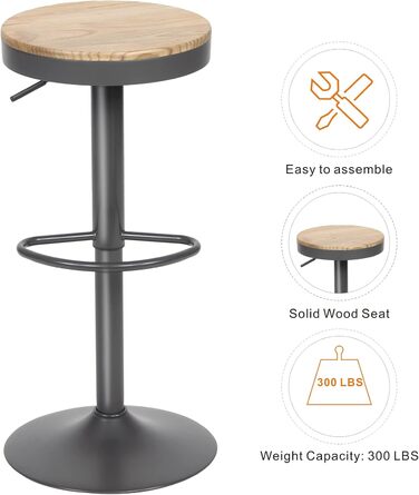 Kidol Adjustable Height Wooden Bar Stool with 360° Swivel - Industrial Modern Design for Kitchen Counter (Grey Wood)