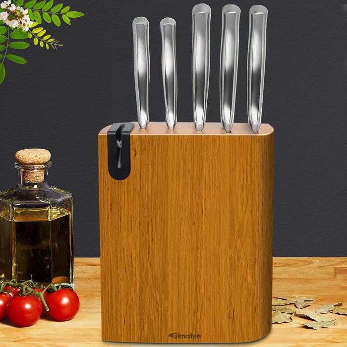 Fimaten 6-Piece Wooden Knife Block Set - Kitchen Knife Set with Chef's Knife, Santoku Knife, Bread Knife, Fruit Knife, Utility Knife & Sharpener