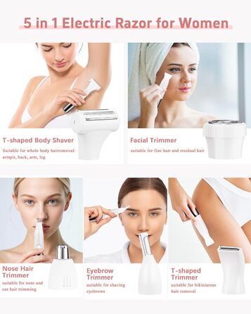 Електричний жіночий гірчак для інтимної зони 5-в-1 - для тіла, бікіні, брів та носа, IPX7, вологостійкий, білий