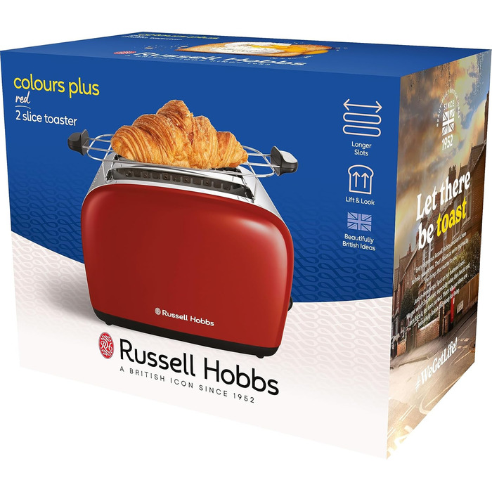 Russell Hobbs Toaster [for 2 slices] Colours Plus Stainless Steel Red (extra wide slots, includes bagel attachment, 6 browning levels + defrost function, Lift & Look function, 1600W) 26554-56 Toaster Compact NEW