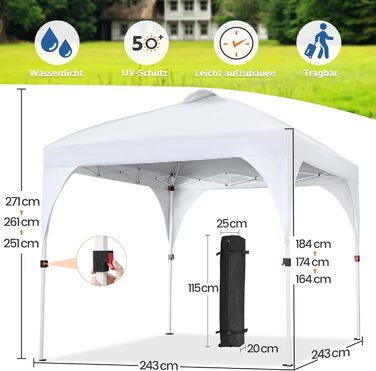 Yaheetech Pop-Up Gazebo 2.4 x 2.4 m, Adjustable Height Garden Gazebo, Waterproof & Sun Protection Party Tent, Garden Tent with Rolling Carry Bag for Outdoor Market, Garden, Courtyard, (White, 2.43x2.43m)
