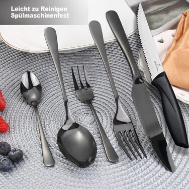 Набір столових приборів на 6 осіб, Targzier, 36 предметів, нержавіюча сталь, з ножем для стейка, преміум-якість, для сім'ї/вечірки/готелю, чорний, придатний для миття в посудомийній машині