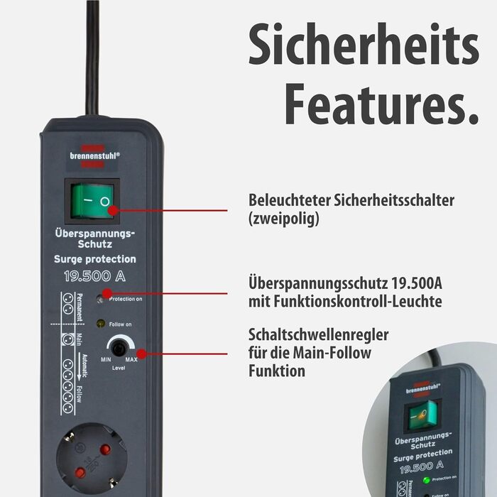Мережевий фільтр Brennenstuhl Secure-Tec 8-фазний з захистом від перенапруги та функцією Main Follow, антрацит