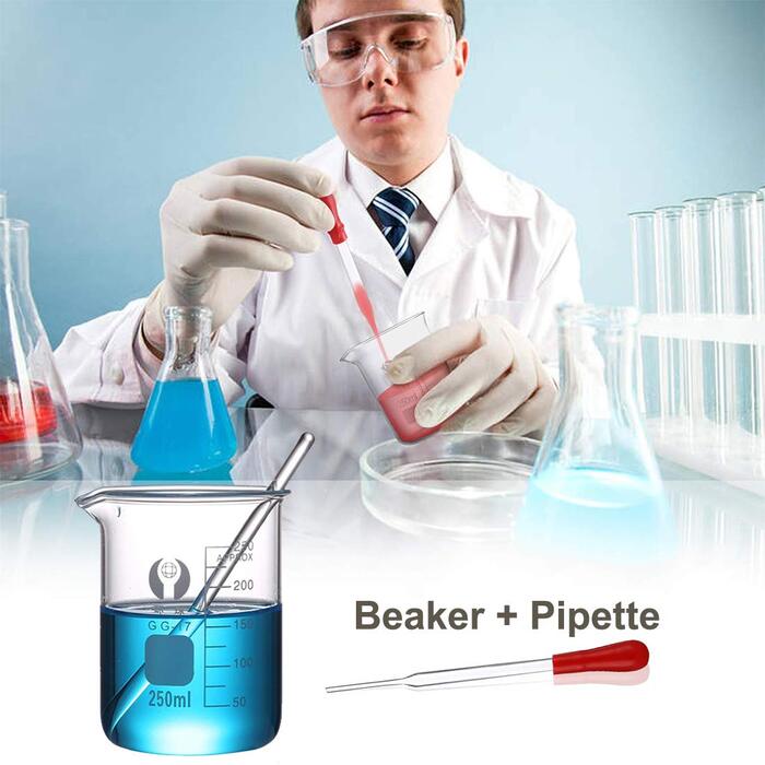 Borosilicate Glass Beaker Set, JESSTOLO 3-Piece Thick Glass Graduated Beakers with Clear Spout 50ml 100ml 250ml, 3 Glass Pipettes, 3 Washing Brushes, and 2 Glass Rods, for Laboratory Research Medicine
