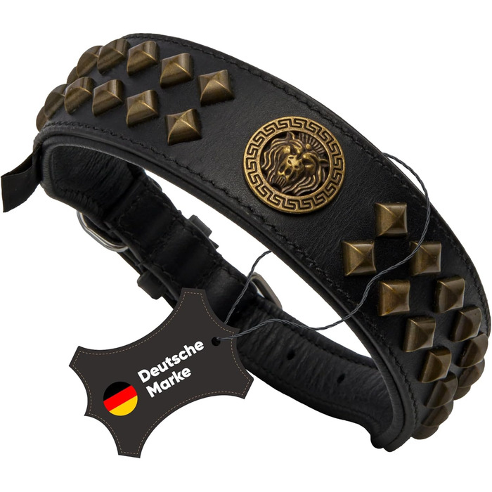 Нашийник для собак MICHUR Diego з натуральної шкіри, з декоративним левовим головою та заклепками, розмір 61-68,5 см