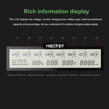 Зарядний пристрій для акумуляторів AUKSKY з LCD-дисплеєм (8 слотів) - універсальний заряд для NI-MH, NI-Cd, AA, AAA, 14500, 18350, 21700, 26650, Li-Ion, LiFePO4, RCR123A, 1.5A