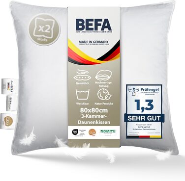 Подушка BEFA NATUR 80x80 см, 3-камерна, 90% пух, 10% перо, для алергіків, сертифікована Öko-Tex, Made in Germany