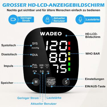 Цифровий тонометр WADEO на зап'ясті, мовлення 5 мовами, виявлення аритмії, портативний тонометр для дому та подорожей, 2 x 99 пам'ять, з батарейками та коробкою для зберігання, білий (чорний)