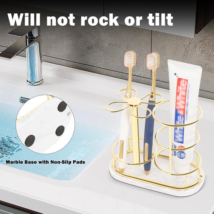HarJue Toothbrush Holder for Bathroom, Metal Toothbrush Organizer with Marble Base, Toothbrush Storage Collection for Family, Suitable for Home, Hotel, Countertop, Vanity