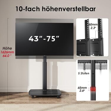 AOKCOS Rolling TV Stand with Shelf - Adjustable Height & Swivel - Fits 43-75 inch TVs (up to 50kg) - VESA 600x400mm - White & Natural Wood Finish