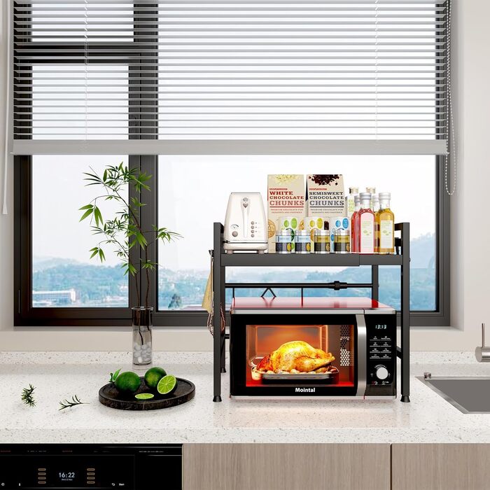 Регульована підставка для мікрохвильової печі, 2-ярусна розширювана, з вуглецевої сталі, з 8 гачками, (2 шт., чорний)