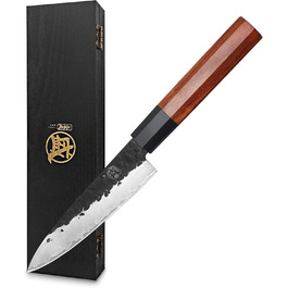 Японський ніж Santoku Mitsumoto Sakari 19 см з ручкою з рожевого дерева та дерев'яною коробкою, ніж для овочів 14 см