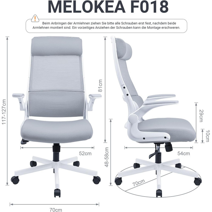 Ергономічне крісло для офісу з регульованою підголовником, сітчасте крісло для столу, відкидні підлокітники, широке сидіння, функція гойдання, комп'ютерне крісло EN 1335, офісне крісло 200 KG, сіре