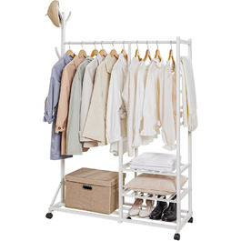 Yorbay Bamboo Clothes Rack with Wheels, Clothes Rail, 3 Shelves and 6 Hooks, Tree Shape, 100 x 38 x 176 cm (White)