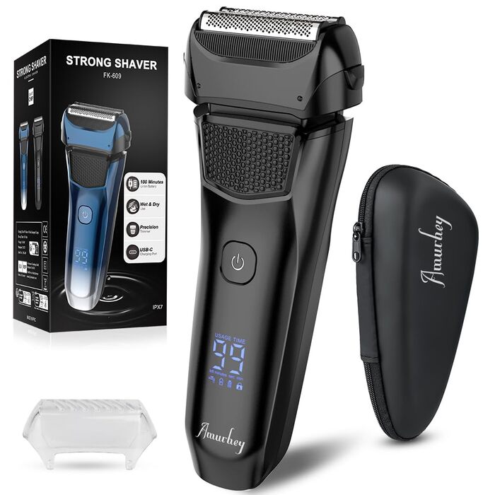 Електрична бритва чоловіча з 3 гнучкими лезами та чохлом для подорожей, тример для точного гоління, вологостійка/суха, 120 хв роботи, акумуляторна, подарунок для чоловіків, чорна