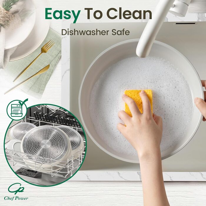 Набір посуду Chef Power Keramik 19-ти частинний, з антипригарним покриттям, знімний ручка, для індукційних плит, сумісний з посудомийною машиною, для духовки, набір для дому/кемпінгу, сірий та білий колір