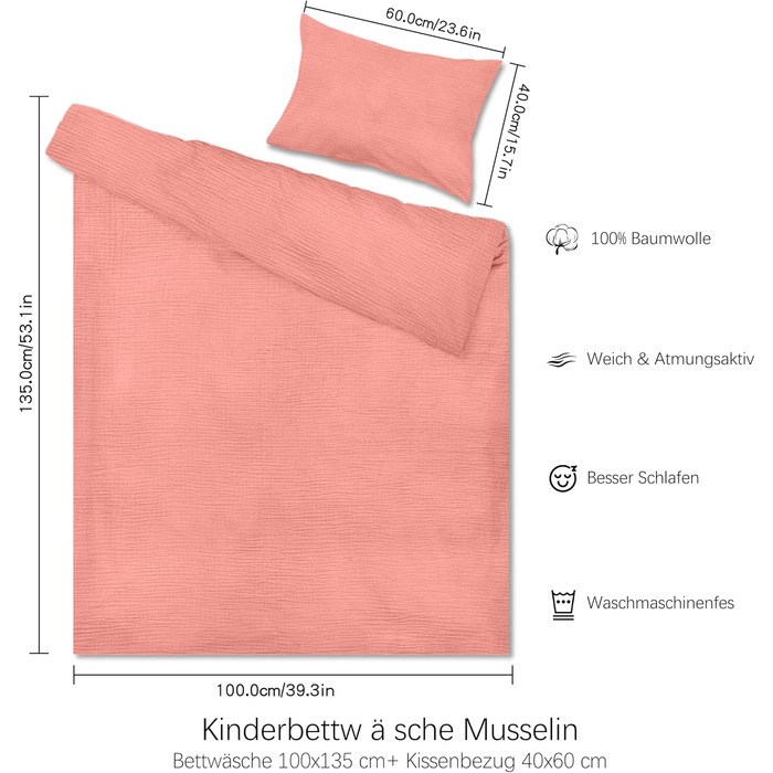 Набір постільної білизни для ліжечка Hook з мусліну 100% бавовни (100x135 см) – дихаючий та м'який, ручної роботи | Комплект постільної білизни для малюків з наволочкою 40x60 см (Рожевий, 135 x 100 см)