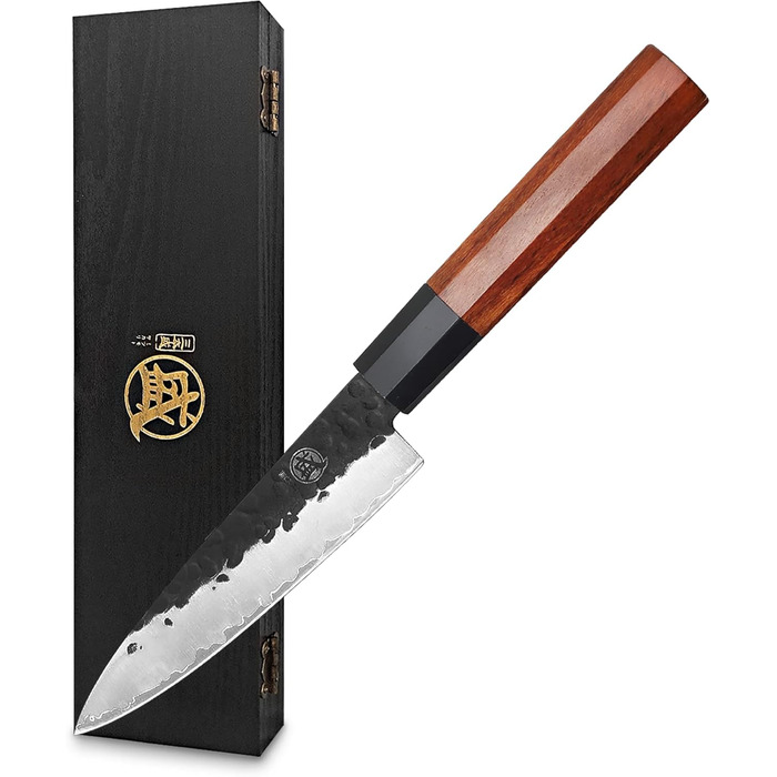 Японський ніж Santoku Mitsumoto Sakari 19 см з ручкою з рожевого дерева та дерев'яною коробкою, ніж для овочів 14 см