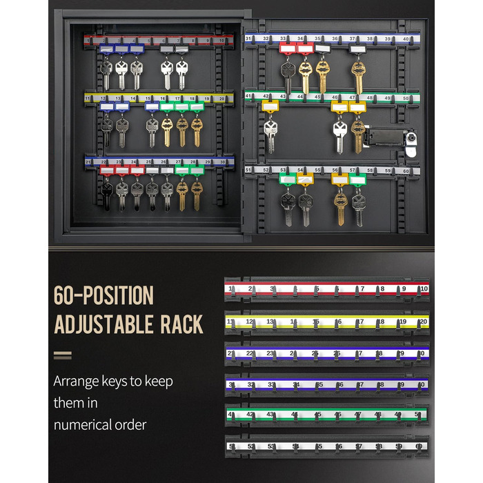 Шкафчик для ключів Uniclife на 60 позицій з комбінацією та ключовим замком, чорного кольору, з регульованими полицями. Цифрова скринька безпеки, органайзер для ключів