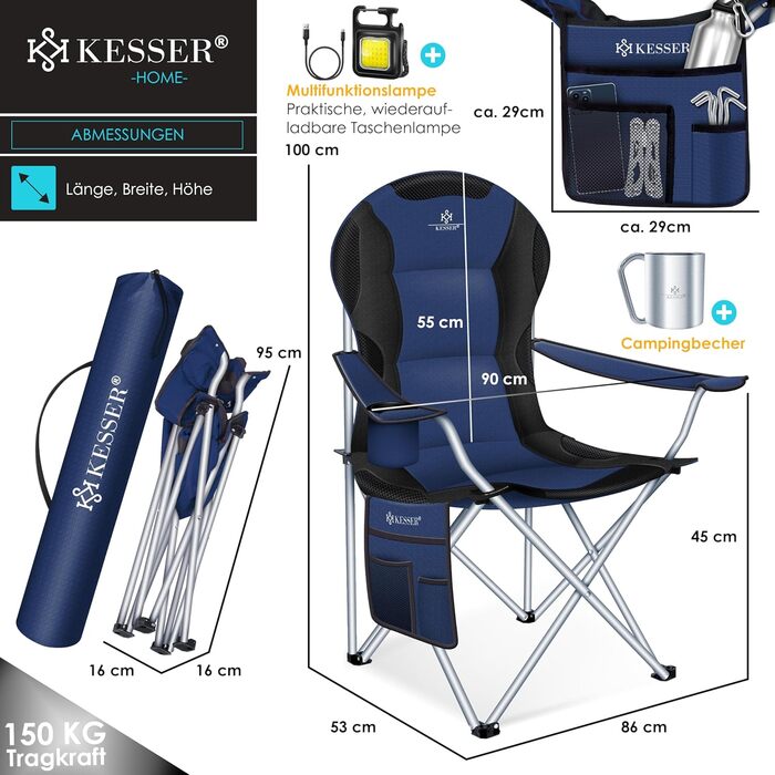 Крісло для кемпінгу KESSER® розкладне, до 150 кг, для риболовлі, з підлокітниками, високою спинкою, пляшкотримачем, світлом, сумкою та стаканчиком, хакі (темно-синій/чорний)