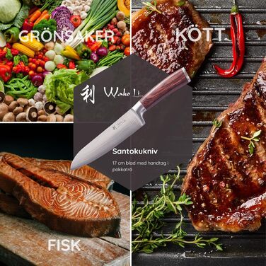 Ніж Santoku Wakoli EDIB Damast I 17 см, лезо з 67 шарів з VG10-сталі, з ручкою з паккавуду. Професійний кухонний ніж з дамаської сталі в подарунковій коробці, без гравіювання.